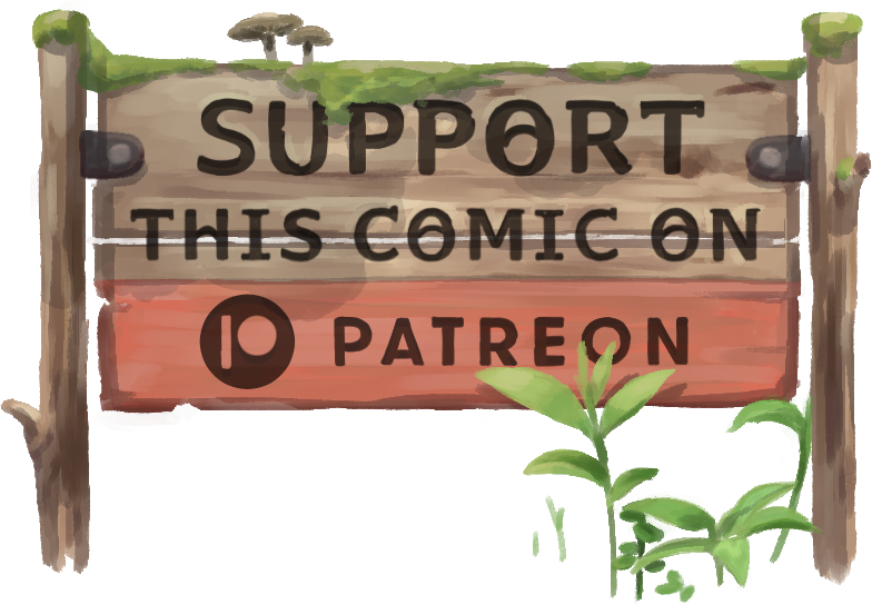 Mossy wooden sign reading: Support This Comic on Patreon